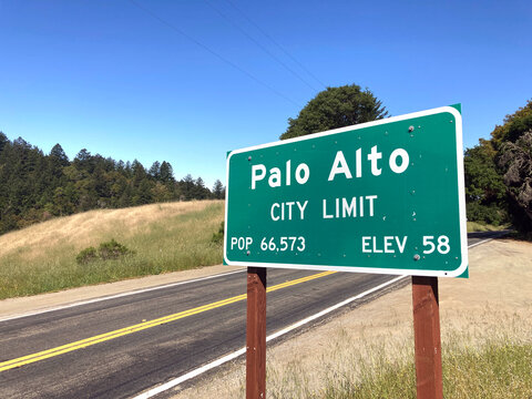 Palo Alto City Limit road sign on Skyline Boulevard