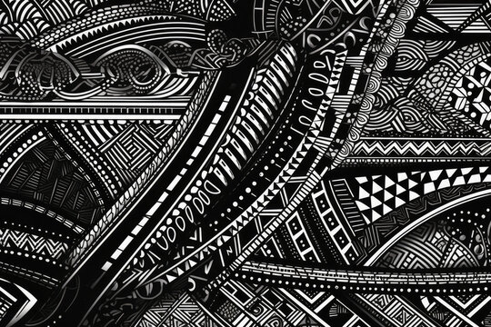 Fototapeta Wild Tribe edgy wallpaper featuring bold black and white tribal patterns with sharp edges and tribal motifs, generative ai