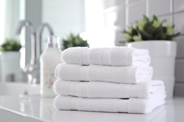 Fototapeta na wymiar White clean towels on table in bathroom, generative ai