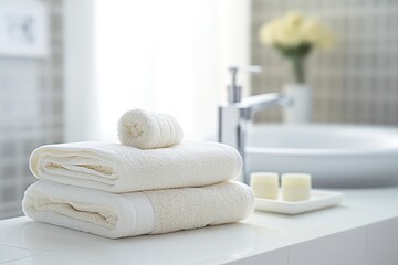White clean towels on table in bathroom, generative ai