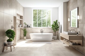 Fototapeta na wymiar Modern bathroom interior, beige interior, generative ai