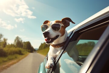 Cute happy dog looking out of car window, generative ai - obrazy, fototapety, plakaty