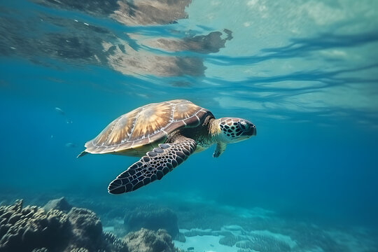 Sea turtle underwater in ocean, Generative AI