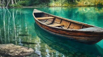 Fototapeta na wymiar Holzboot im Bergsee, Bright color, ultra realistic