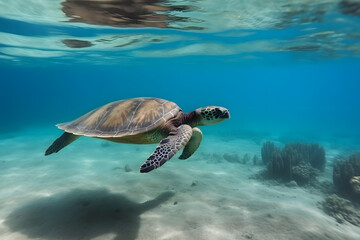 Obraz na płótnie Canvas Sea turtle underwater in ocean, Generative AI