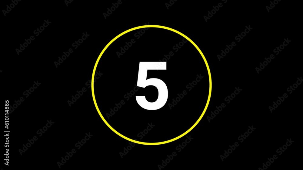 Poster stylish 10 seconds yellow and white countdown timer on black bg. circle shaped smooth animated indic