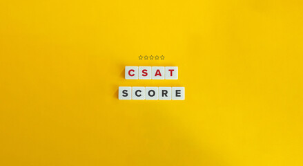 CSAT (Customer Satisfaction) Score. Letter Tiles on Yellow Background. Minimal Aesthetics.