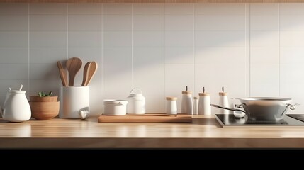 Obraz na płótnie Canvas 3D render close up blank empty space on beautiful wooden kitchen counter top with stylish kitchen ware, culinary, marble wall tiles. Morning sunlight, Breakfast, Cooking, Equipment, Background, Bright