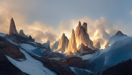 The glistening serro torre's ostrich peak. Towering icy sentinels piercing the clouds with their needle-like tips. AI-generated