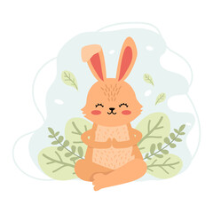 Rabbit doing yoga. Vector illustration of a meditating animal. Charming animal. Cute rabbit in cartoon style on the background of leaves. Creative illustration. T-shirt print. Isolated background.