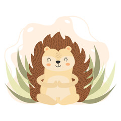 Hedgehog engaged in yoga. Vector illustration of a meditating animal. Forest animal. Cute hedgehog in cartoon style on the background of leaves. Creative illustration. T-shirt print. Isolated. © Hanna Bykova