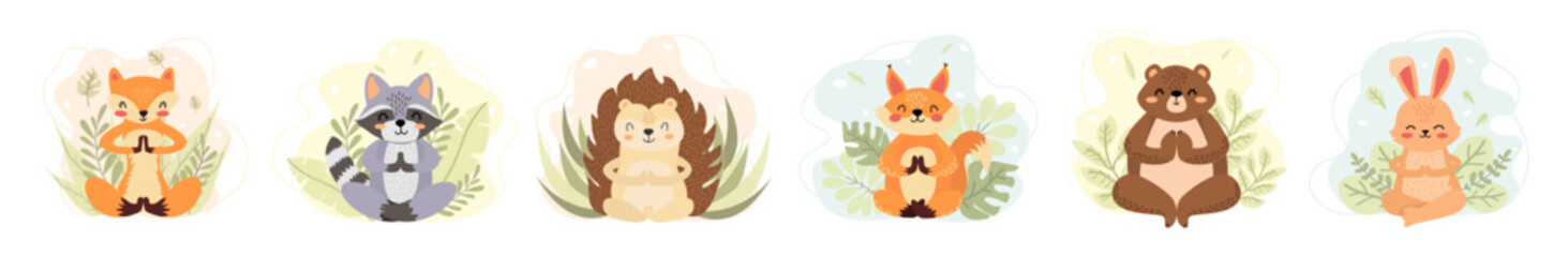 Vector set of animals doing yoga. Forest animals meditating. Collection of charming animals in lotus pose on the background of leaves.  Fox, squirrel, raccoon, hedgehog, bear. Cartoon style.