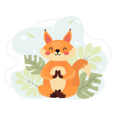 Squirrel doing yoga in the woods. Vector illustration of a meditating animal. Cute squirrel in cartoon style on the background of leaves. Creative illustration. T-shirt print. Isolated background.