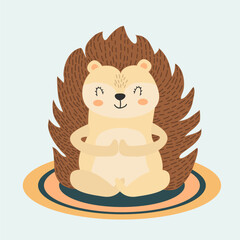 Cute meditating hedgehog. A hedgehog doing yoga. Vector illustration in cartoon style. Charming hedgehog on a fitness mat. Animal theme. Isolated background. Flat style. 