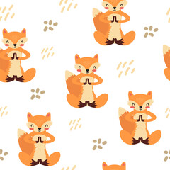Obraz premium Seamless pattern with a cute fox. Child vector pattern with a red fox. Print for fabric, children's clothes, stationery.