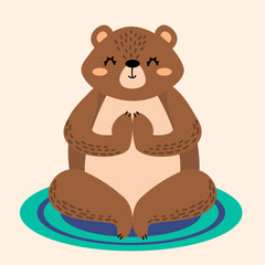 Cute meditating bear. The bear is doing yoga. Vector illustration in cartoon style. Bear on fitness mat. Animal theme. Isolated background. Flat style. 
