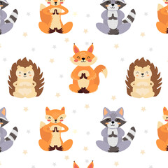 Seamless pattern with forest animals. Children's vector pattern with squirrel, raccoon, bear, fox. Cute print. Print for fabric, children's clothes, baby products.