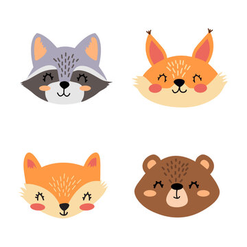 Collection of Cute Funny Animal Faces and Heads. Raccoon, squirrel, fox, raccoon. Set of different cartoon faces isolated on white background. Colorful hand drawn vector illustration.