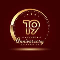 19 year anniversary celebration logo design with a number and golden ring concept, logo vector template