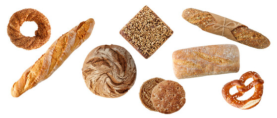 Fresh baked bread with various sorts isolated on white background. Rye wheat loaf of bread, turkish bagel, french baguette, german pretzel, scandinavian sandwich, italian ciabatta, whole grain pastry.