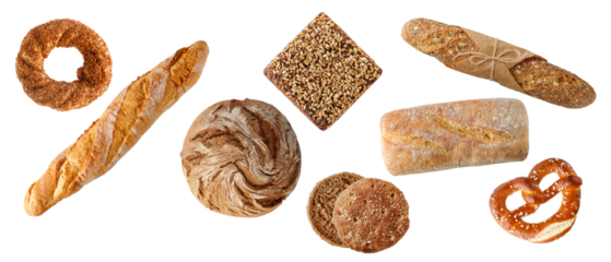 Fresh baked bread with various sorts isolated on white background. Rye wheat loaf of bread, turkish bagel, french baguette, german pretzel, scandinavian sandwich, italian ciabatta, whole grain pastry.