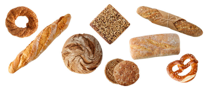 Fresh baked bread with various sorts isolated on white background. Rye wheat loaf of bread, turkish bagel, french baguette, german pretzel, scandinavian sandwich, italian ciabatta, whole grain pastry.