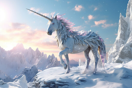 Majestic unicorn with wings standing gracefully in a field of vibrant wildflowers, surrounded by rolling hills. Created with AI Generator 