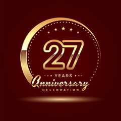27 year anniversary celebration logo design with a number and golden ring concept, logo vector template