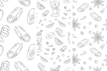 Set of 3 seamless patterns with spice ingredients and a cup of mulled wine. Hand drawn Line Art. EPS