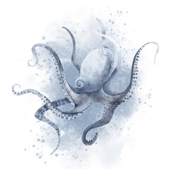 Watercolor Octopus with watercolor water splashes. Hand drawn illustration on white isolated background of wild undersea animal with tentacles. Colorful drawing of marine or ocean underwater life.