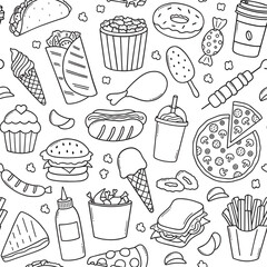 Seamless pattern of fast food doodle set. Hamburger, ice cream, sandwich, hot dog, pizza in sketch style. Vector illustration