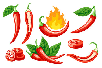 Set of red chili peppers in cartoon style isolated on white background. Hot chili peppers cooking food. Vector illustration