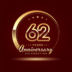 62 year anniversary celebration logo design with a number and golden ring concept, logo vector template