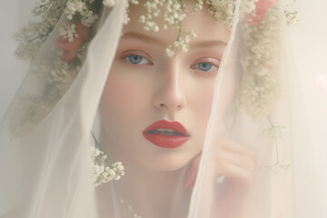 Beautiful young bride with veil and floral wreath. AI generated image.