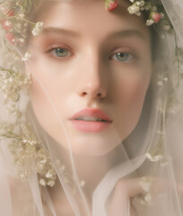 Beautiful young bride with veil and floral wreath. AI generated image.