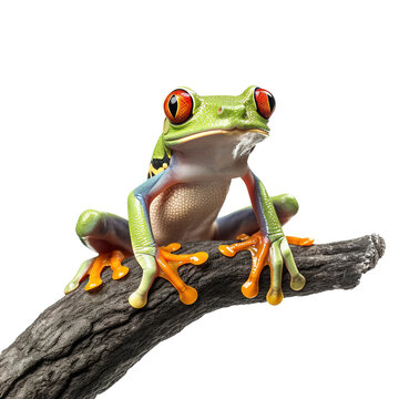 portrait of red eyed tree frog on a branch, isolated, generative ai