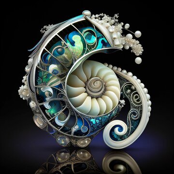 Futuristic jewelry, twisting amorphic nautilus shape, made of silver and pearl and silk and sapphire on black background.  Generative AI.
