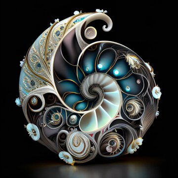 Futuristic jewelry, twisting amorphic nautilus shape, made of silver and pearl and silk and sapphire on black background.  Generative AI.