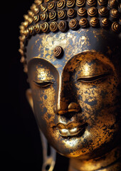 Detail to face of golden metal Tathagata Buddha statute, Generative AI