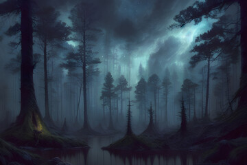 Obraz premium Beautiful fantasy forest at night. Wide angle and dark mood. Generative AI content
