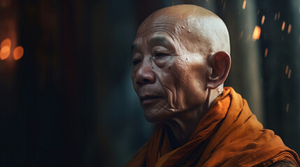 Elderly Buddhist monk in meditation with peaceful expression created with Generative AI Technology