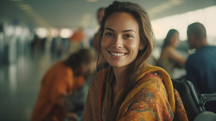 Smiling woman in airport terminal waiting for her flight created with Generative AI Technology