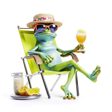 Funny frog wearing summer hat and stylish sunglasses, holding glass with ice drink on beach chair isolated over white background. Summer holiday and vacation concept. Created with generative Ai