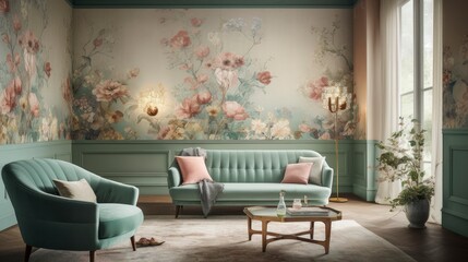 Interior of light living room with comfortable sofa. Ai generative.