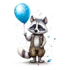 Funny cartoon party raccoon holding blue balloon over white background. Colorful joyful retro greeting card for birthday or other festive events. Created with generative Ai
