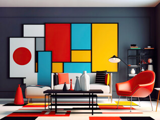 Suprematism style interior design of modern living room with abstract geometric shapes. Created with generative AI