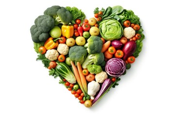 Heart shape made of different vegetables isolated on white background. Generative AI.