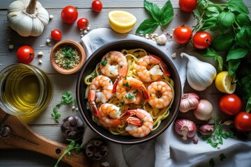 stock photo of Shrimp Scampi ready to eat in the plate Food Photography AI Generated - obrazy, fototapety, plakaty
