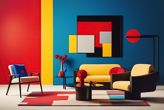 Fototapeta Suprematism style interior design of modern living room with abstract geometric bold colored shapes. Created with generative AI