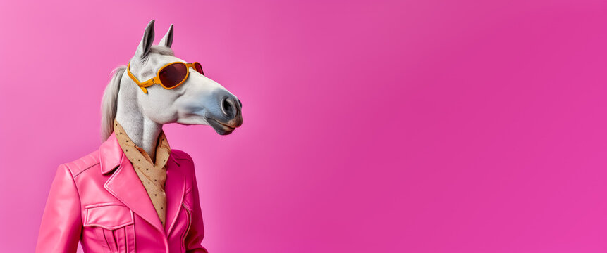 Cool looking horse dog wearing funky fashion dress - bright pink jacket, vest, sunglasses. Wide banner with space for text right side. Stylish animal posing as supermodel. Generative AI